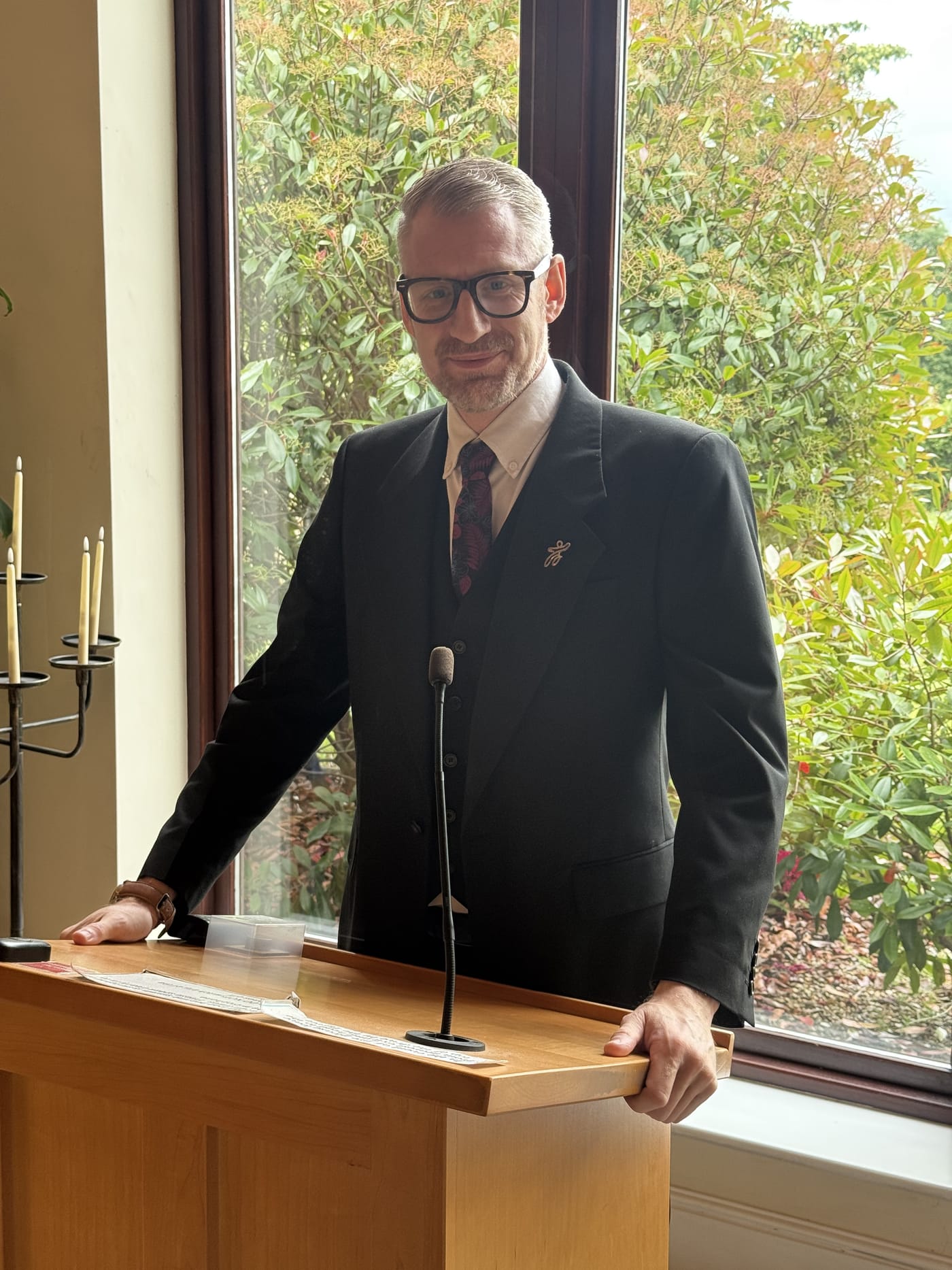 Dan, humanist celebrant, at the lectern